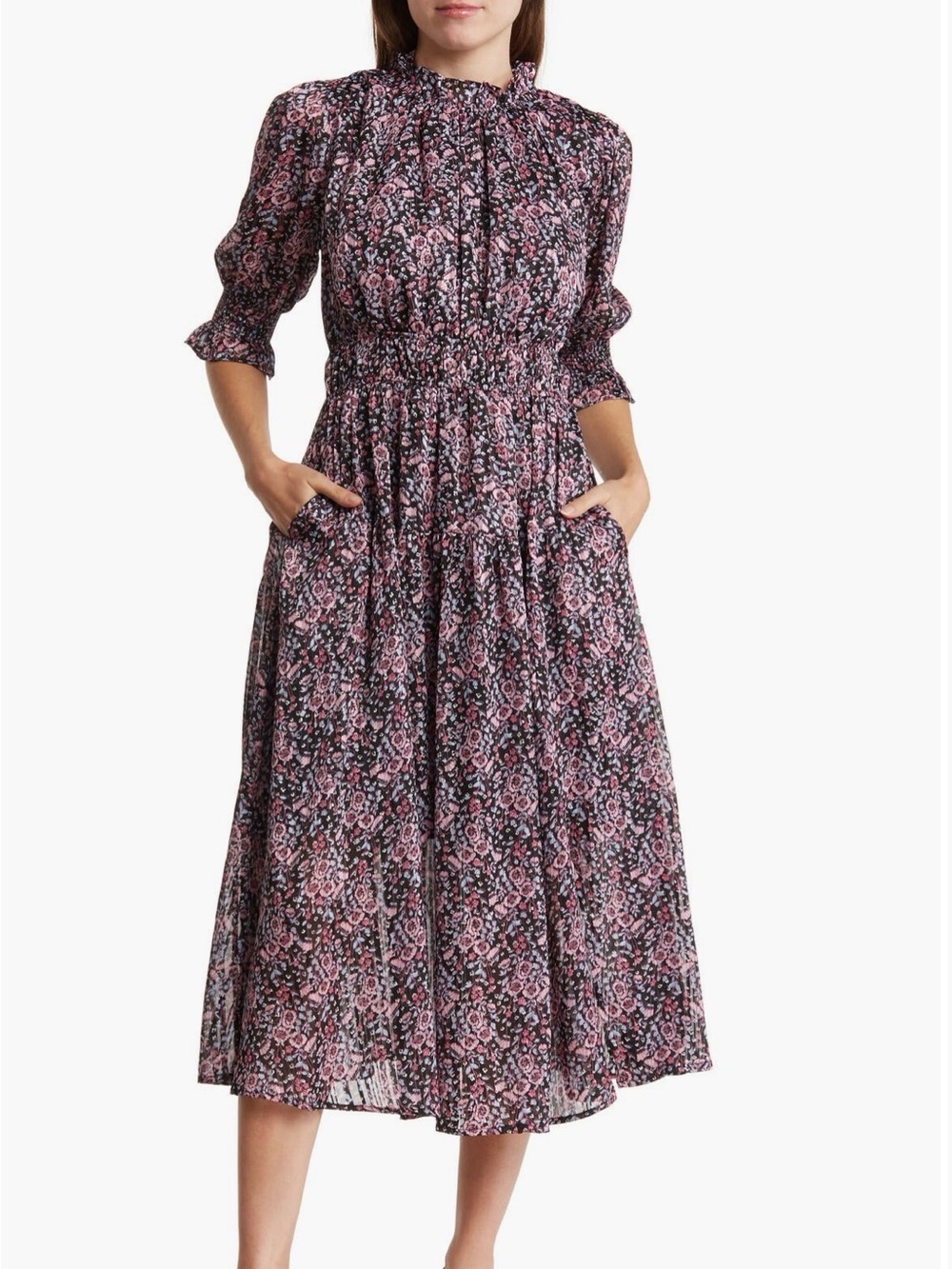 Melloday Women’s Floral Smocked Waist Midi Dress - Pink on Black